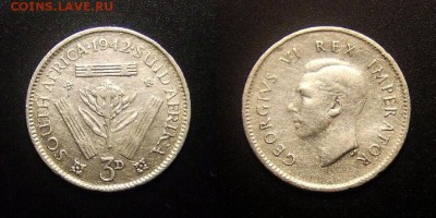 МОНЕТЫ МИРА 11-16 - Южная Африка – 3 пенса (1942) «Гигантская протея; Георг VI» Ag