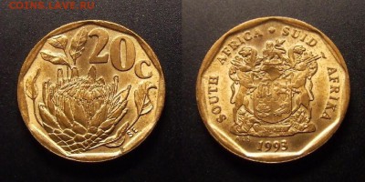 МОНЕТЫ МИРА 11-16 - ЮАР – 20 центов (1993) «Протея; старый герб»