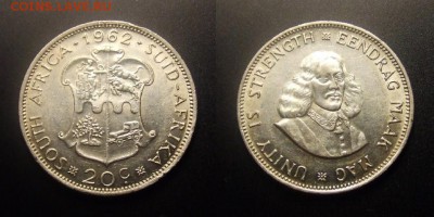 МОНЕТЫ МИРА 11-16 - ЮАР – 20 центов (1962) «Герб; исследователь Ян ван Рибек» Ag (XF)