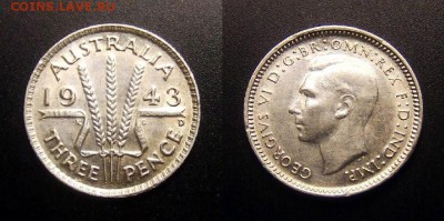 МОНЕТЫ МИРА 11-16 - Австралия – 3 пенса (1943 D) «Георг VI» (Ag) (UNC) №1