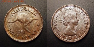 МОНЕТЫ МИРА 11-16 - Австралия – 0,5 пенни (1961) «Кенгуру; Елизавета II»