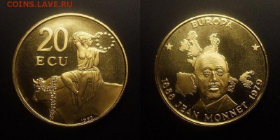 МОНЕТЫ МИРА 11-16 - ЖЕТОН (Франция) – 20 экю (1993) «Похищение Европы Зевсом; Жан Монне» (aUNC)