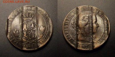 Тем кто собирает гашёные монетки - Испания – 2,5 сентимо (1867) «Изабелла II» медь (гашёная)