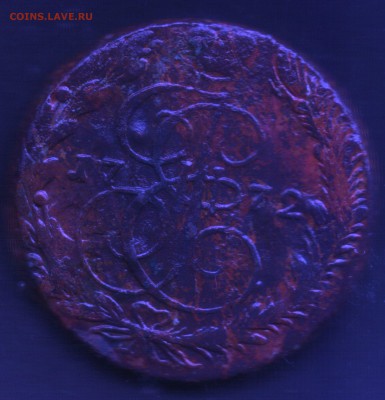 5 копеек 1772 - буква "м" на вензеле. - реверс