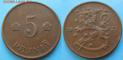 16.Разная инострань по фиксу - 16.43. -Финляндия 5 пенни 1922    166-к10-5113