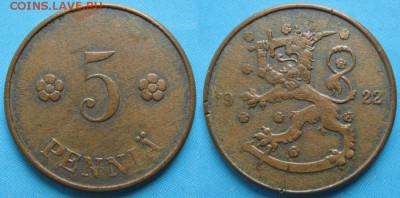 16.Разная инострань по фиксу - 16.45. -Финляндия 5 пенни 1922 оф