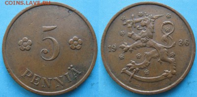 16.Разная инострань по фиксу - 16.49. -Финляндия 5 пенни 1936    166-к10-5117