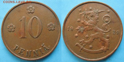 16.Разная инострань по фиксу - 16.70. -Финляндия 10 пенни 1929 оф