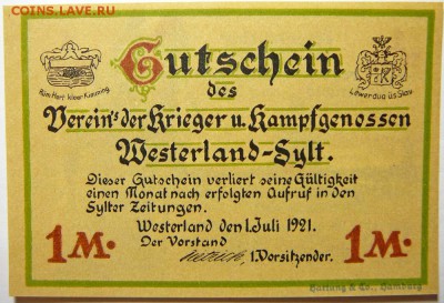 1 mark 1921 Westerland-Sylt,  память погибшим в WWI - 1 mark Sylt0 1
