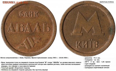 Неописанная разновидность жетона Киевского метро Аваль !?! - БАНК АВАЛЬ - М, КИЇВ (логотип цельный) (толстый шрифт оборотки) (брак - точка)