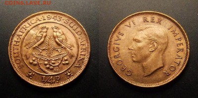 МОНЕТЫ МИРА 11-16 - Южная Африка - 0,25 пенни (фартинг) (1943) «Воробьи; Георг VI» (XF) №3