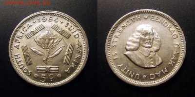 МОНЕТЫ МИРА 11-16 - ЮАР – 5 центов (1964) «Гигантская протея; исследователь Ян ван Рибек» (Ag)