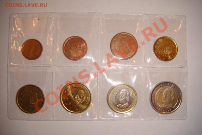 Испания, 8 монет; UNC и из оборота (хорошие)Список по годам: 1ц-2003; 2ц-2001; 5ц-2005; 10ц-2006; 20ц-2001; 50ц-2000; 1е-2000; 2е-2002 - Испания.JPG