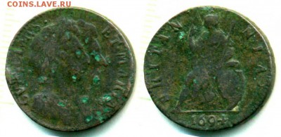 Великобритания фартинг 1694 год - Великобритания 1 фартинг 1694
