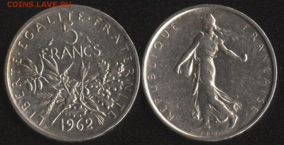 Франция 5 франков 1962 СЕРЕБРО до 22:00мск 22.01.17 - Франция 5 франков 1962 (Ag!)