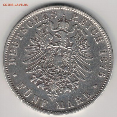 Ag ГЕРМАНИЯ (БАВАРИЯ) 5 МАРОК 1876D ДО 26.01 В 22.00 (Д258) - 5-гБ1