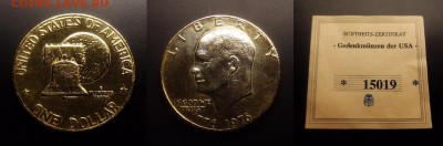 МОНЕТЫ МИРА 01-17 - США – 1 доллар (1976) «200 лет Независимости (Колокол Свободы)» (позолоч., с сертиф.)