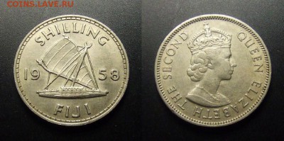 МОНЕТЫ МИРА 01-17 - Фиджи – 1 шиллинг (1958) «Парусный катамаран; Елизавета II» медь-ник. (XF)