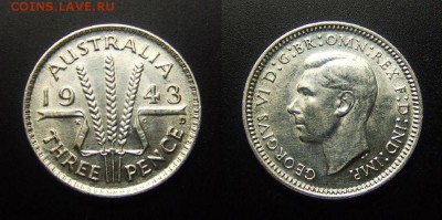 МОНЕТЫ МИРА 01-17 - Австралия – 3 пенса (1943 D) «Георг VI» (Ag) №2