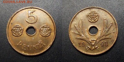 МОНЕТЫ МИРА 01-17 - Финляндия – 5 пенни (1943) медь (XF)