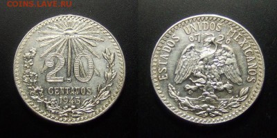 МОНЕТЫ МИРА 01-17 - Мексика – 20 сентаво (1943) (Ag)