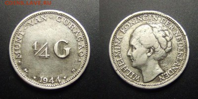 МОНЕТЫ МИРА 01-17 - Нидерландское Кюрасао – 0,25 гульдена (1944) (Ag-0,6400)