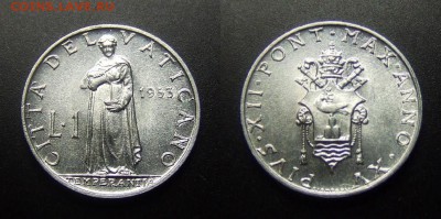 МОНЕТЫ МИРА 01-17 - Ватикан – 1 лира (1953) «Темперантия – богиня добродетели» алюм.