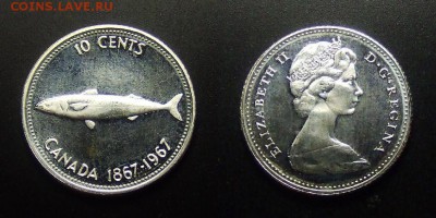 МОНЕТЫ МИРА 01-17 - Канада – 10 центов (1967) «100-летие Конфедерации; макрель»  (Ag-0,8000) (аUNC)