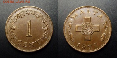 МОНЕТЫ МИРА 01-17 - Мальта – 1 цент (1977) «Крест Св. Георгия» (XF) №1