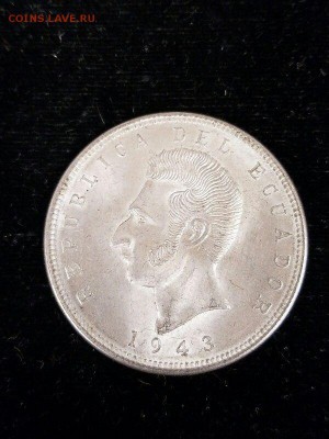 ЭКВАДОР 5 СУКРЕ 1943 СЕРЕБРО UNC - ecuador