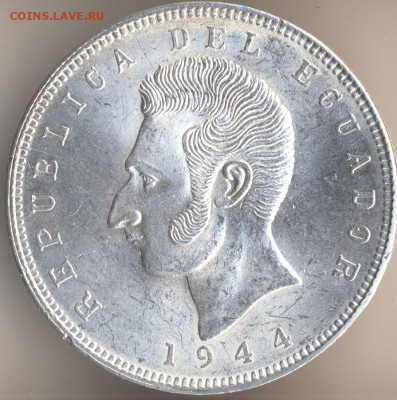 ЭКВАДОР 5 СУКРЕ 1943 СЕРЕБРО UNC - 4