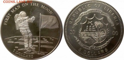 Крона Шайба Либерия 5$ долларов 2000 Первый человек на луне - космонавтq7_enl