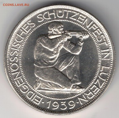Ag ШВЕЙЦАРИЯ 5 ФРАНКОВ 1939 ЛЮЦЕРН 09.02 В 22.00МСК (Д250) - 5-ш39