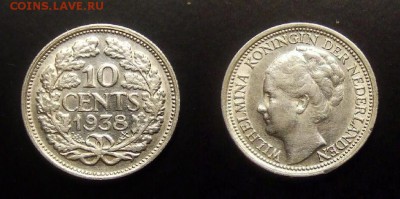 МОНЕТЫ МИРА 01-17 - Нидерланды – 10 центов (1938) «Королева Вильгельмина (тип №2)» (Ag) №1