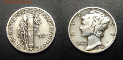 МОНЕТЫ МИРА 01-17 - США – 1 дайм (10 центов) (1942 D) «Меркурий» (Аg)