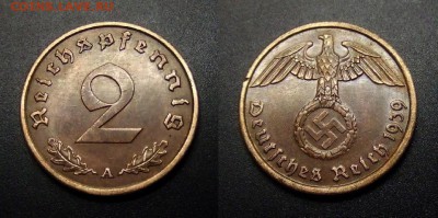 МОНЕТЫ МИРА 01-17 - Германия (3-й Рейх) – 2 рейхспфеннига (1939 А) бронза №1
