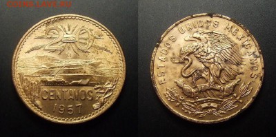 МОНЕТЫ МИРА 01-17 - Мексика – 20 сентаво (1957) «Пирамида Солнца (герб тип №2)» (XF)