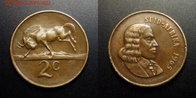 МОНЕТЫ МИРА 01-17 - ЮАР – 2 цента (1965) «Антилопа гну; исследователь Ян ванн Рибек (SUID – AFRIKA)» №1