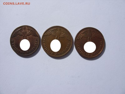 1 пфенниг 3 рейх 3 монеты 1937, 39, 39. - 1 пф 1937-39 3 шт 1-2-1