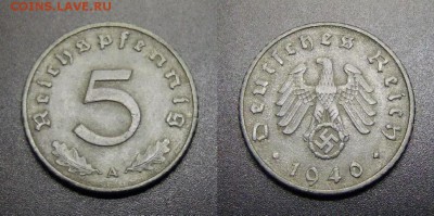 МОНЕТЫ МИРА 01-17 - Германия (3-й Рейх) – 5 рейхспфеннигов (1940 А) цинк