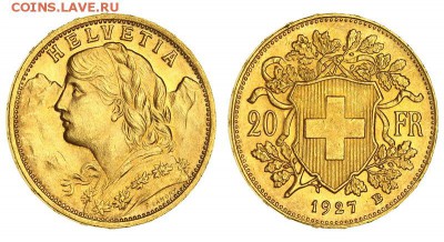 Швейцария.20 ФРАНКОВ 1927г ЗОЛОТО до 03.03 в 22:45 - 20 франков