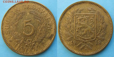 19.Разная инострань по фиксу - 19.29. -Финляндия 5 марок 1948 L    3161