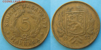 19.Разная инострань по фиксу - 19.31. -Финляндия 5 марок 1952 H     3164