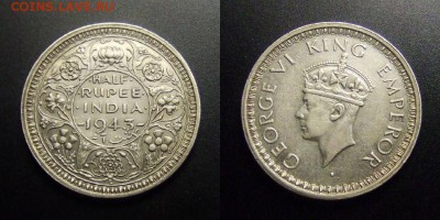 МОНЕТЫ МИРА 03-17 - Брит. Индия – 0,5 рупии (1943 L) «Георг VI» (Ag)