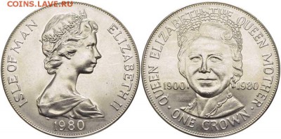 остров Мэн 1 крона 1980 80 лет королевы матери Крона Шайба - 107-524_b