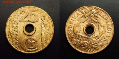 МОНЕТЫ МИРА 03-17 - Испания – 25 сентимо (1938) медь (UNC)