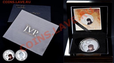 Виктор Цой. 2 доллара Ниуэ 2010. Серебро, футляр - za