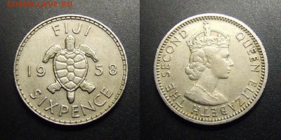 МОНЕТЫ МИРА 03-17 - Фиджи – 6 пенсов (1958) «Морская черепаха; Елизавета II» №2