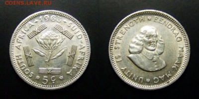 МОНЕТЫ МИРА 03-17 - ЮАР – 5 центов (1963) «Гигантская протея; исследователь Ян ван Рибек» (Ag)