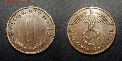 МОНЕТЫ МИРА 03-17 - Германия (3-й Рейх) – 1 рейхспфенниг (1938 А) бронза №1